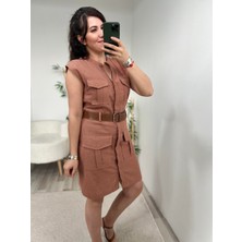 Taba Kemerli Keten Elbise