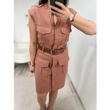 Taba Kemerli Keten Elbise