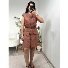 Taba Kemerli Keten Elbise