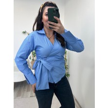 Mavi Çizgili Bağlamalı Poplin Gömlek