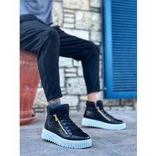 ET-S-512 Kalın Yüksek Taban Çift Fermuarlı Siyah Erkek Spor Bot