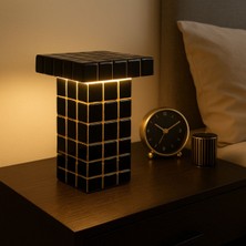 Siyah Gold Mozaik Cam Abajur | LED Işıklı Modern Komodin Lambası | El Yapımı Şık Masa Lambası