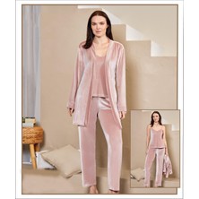 Kadife Sabahlıklı Ip Askılı Pijama Takım Kendinden Desenli Şık ve Zarif Flz 31-108