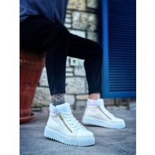 ET-S-512 Kalın Yüksek Taban Çift Fermuarlı Beyaz Erkek Spor Bot