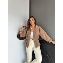 Qimene Kadın Iri Cepli Beli Büzgülü Bol Yakalı Düz Oversize Mont