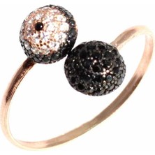 925 Ayar Gümüş Yarım Toplu Yüzük, Pembe - Siyah, Beyaz Taş