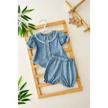 Miniğimin Cicileri Yumuşak Kot Yaka Fisto Detaylı Kız Bebe şortlu takım - Mavi