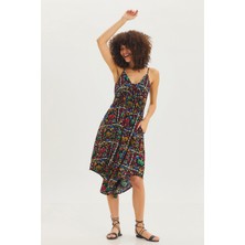 Ip Askılı Desenli Midi Boy Bohem Elbise Siyah