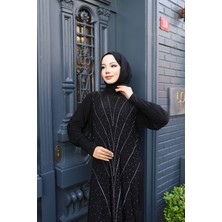 Kadın Siyah Taş Baskı Desen Sandy Kumaş Şık Tesettür Elbise T818