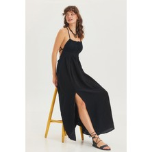 Ayarlanabilir Askılı Bohem Müslin Elbise Siyah