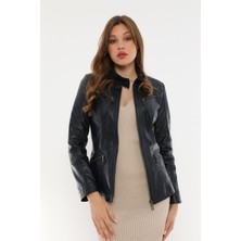 Basics&more Kadın Fermuar Detaylı Koyu Mavi Deri Ceket - B16