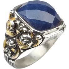 Nusret Takı 925 Ayar Gümüş Dikdörtgen Fasetli Safir Taşlı Sütun Başı Kalemkar Erkek Yüzüğü