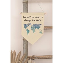 Çocuk Odası Dekor, Duvar Süsü, Ahşap Bebek Odası Dekor, Canvas Flama, Suluboya Dünya Haritası