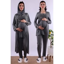 Effortt Lacivert Tesettürlü Uzun Sabahlıklı Hamile Lohusa Pijama Takımı BYL2T24072