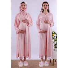 Pembe Tesettürlü Sabahlıklı Hamile Lohusa Gecelik Takım BYL2T40352