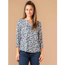 Kadın Mavi Çiçek Desenli Uzun Kollu  Viskon Bluz - Rahat Kesim Günlük Üst