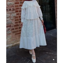 Rstm Butik Küpür Kumaş Beli Lastikli Taşlı Önden Düğmeli Manşetli Etekli Takım