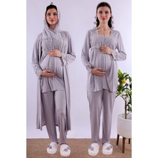 Effortt Lacivert Tesettürlü Uzun Sabahlıklı Hamile Lohusa Pijama Takımı BYL2T24072