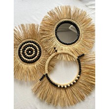 Rafya 3'lü Aynalı Set Siyah Doğal Ahşap Boncuklu Duvar Dekorasyonu