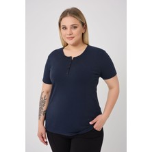 Curve Kadın Büyük Beden Pamuklu Likralı Bisiklet Yaka Düğme Detaylı Basic Düz Lacivert Bluz