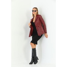 Basics&more Kadın Kuşak Detaylı Bordo Deri Ceket - B2228