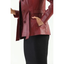 Basics&more Kadın Kuşak Detaylı Bordo Deri Ceket - B2228