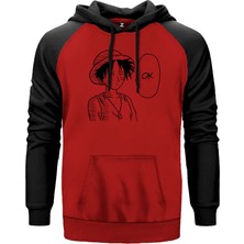 One Piece Luffy Ok Kırmızı Renk Reglan Kol Kapşonlu Sweatshirt