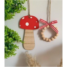 Kırmızı Ahşap Mantar Bebek Çocuk Odası Mutfak Balkon Dekoratif Askılı Süs 2'li Set