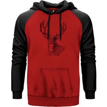 Geyik Çizim Kırmızı Renk Reglan Kol Kapşonlu Sweatshirt