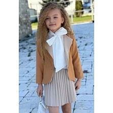 Kız Çocuk Yakası Kurdele Bağlama Detaylı Şifon Gömlek Blazer Ceket Pliseli Bej Etekli Takım