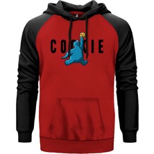 Cookie Monster Kırmızı Renk Reglan Kol Kapşonlu Sweatshirt