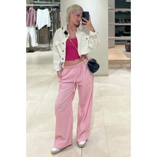 Madmext Fuşya Beli Ayarlanabilir Bol Paça Dökümlü Çizgili Pantolon MG2087