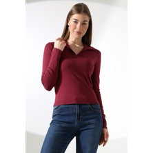 Düğmesiz Gömlek Yaka Uzun Kol Basic Kadın T-Shirt 21938 Bordo