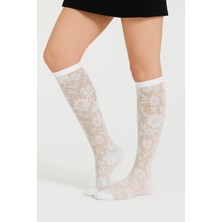 Kadın Çiçek Desenli Ince Dizaltı Çorap Beyaz
