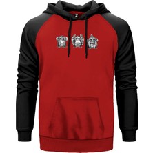 Three Monkeys Cartoon Kırmızı Renk Reglan Kol Kapşonlu Sweatshirt