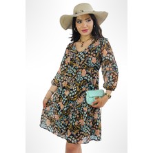 Lupinn Moda Kadın Çiçek Desenli Truvakar Kol V Yaka Şifon Elbise