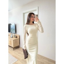 Janes Sırt Dekolteli Uzun Kollu Elbise - Kırık Beyaz