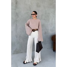 Bej Paçası Fırfırlı Keten Pantolon