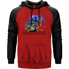 Iron Maiden Sleeve Kırmızı Renk Reglan Kol Kapşonlu Sweatshirt