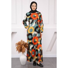 İmaj Butik Haki Desenli Eteği Katlı Viscon Elbise