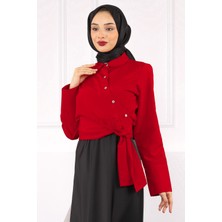 İmaj Butik Kırmızı Bel Bağlamalı Crop Gömlek