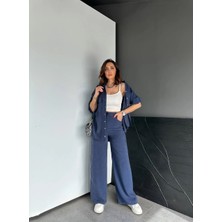 Egzotik Asortik Kadın V Yaka Iri Cebi Çıt Çıt Detaylı Bel Arkası Lastikli Pantolonlu Ince Gömlek & Pantolon Ikili Takım