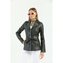 Basics&more Kadın Kuşak Detaylı Yeşil Deri Ceket - B2228