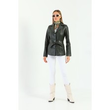 Basics&more Kadın Kuşak Detaylı Yeşil Deri Ceket - B2228