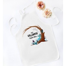 Mediterian Kişiye Özel Renkli Halloween Temalı Beyaz Mutfak Önlüğü, Şık ve Kullanışlı Tasarım