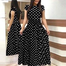 Kadın Kısa Kollu Bisiklet Yaka Puantiyeli Maksi Örme Krep Elbise