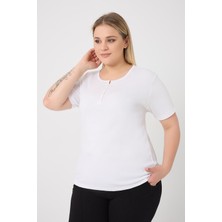 Curve Kadın Büyük Beden Pamuklu Likralı Bisiklet Yaka Düğme Detaylı Basic Düz Beyaz Bluz