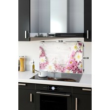 Cam Ocak Arkası Koruyucu | Pembe Kasımpatı | 49,5cm x 76CM