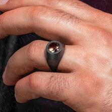 925 Ayar Gümüş Oksitli Yuvarlak Zultanit Taşlı Sade Erkek Yüzük