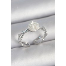 Pirinç Gümüş Renk Beyaz Gül Model Ayarlanabilir Kadın Yüzük